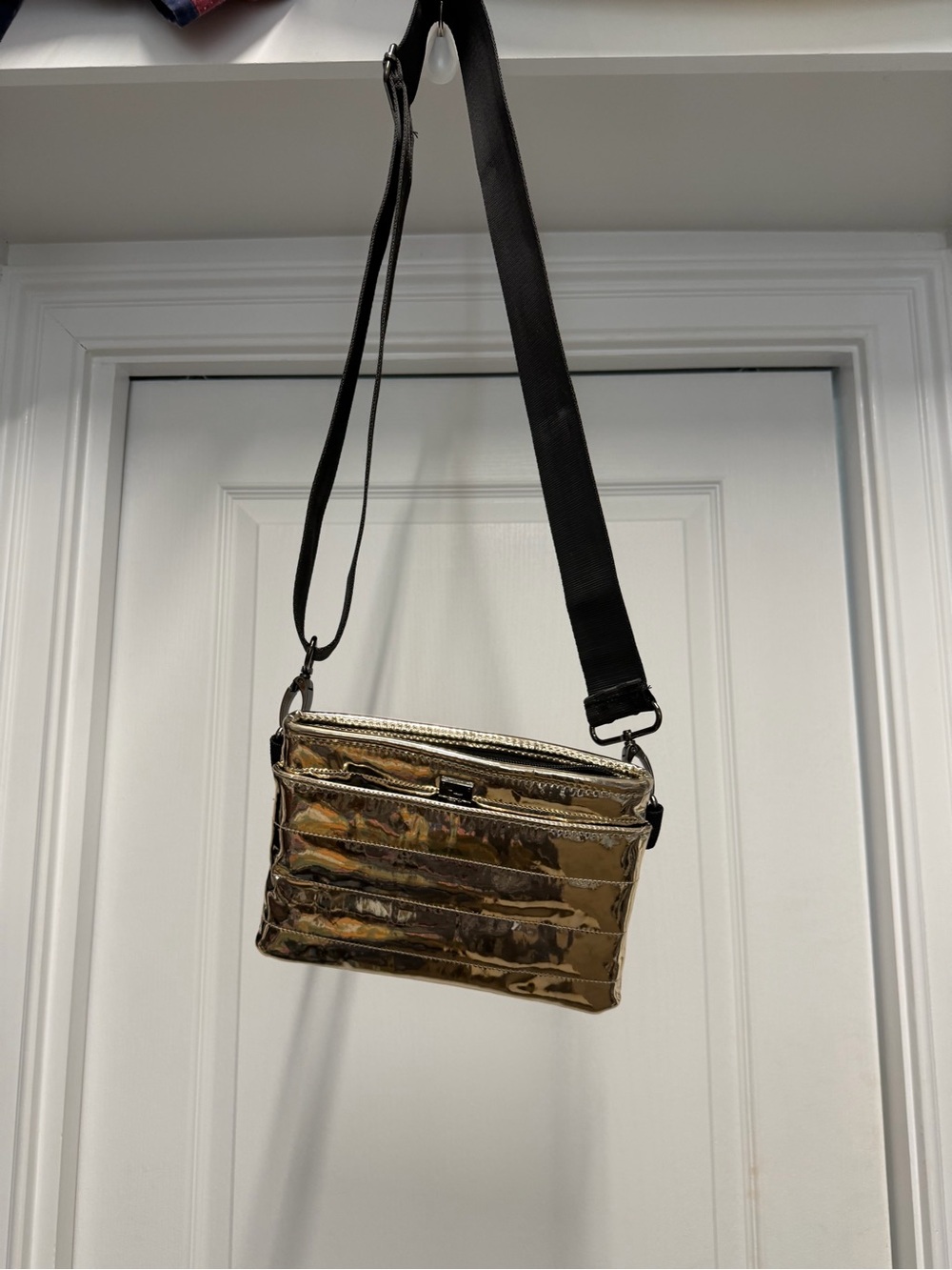 THINK ROYLN Metallic Gold Quilted Crossbody with Black Strap